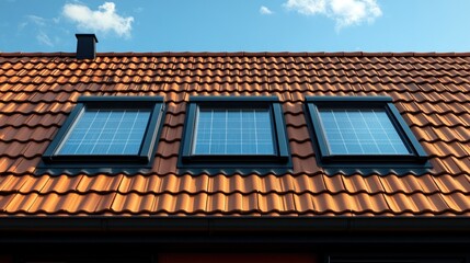 Terracotta roof with skylights and solar panels