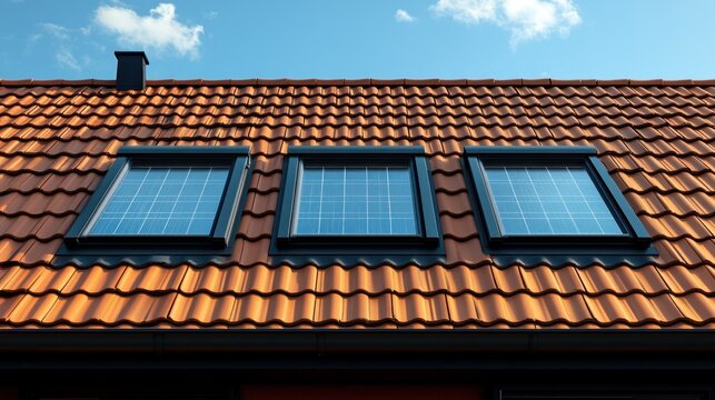 Terracotta roof with skylights and solar panels