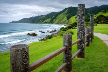 Carved maori fence overlooking hicks bay coastline, east cape, new zealand