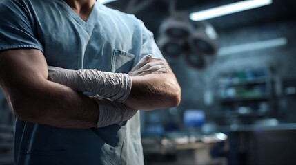 A male healthcare professional in scrubs stands confidently with arms crossed in a well-equipped operating room.