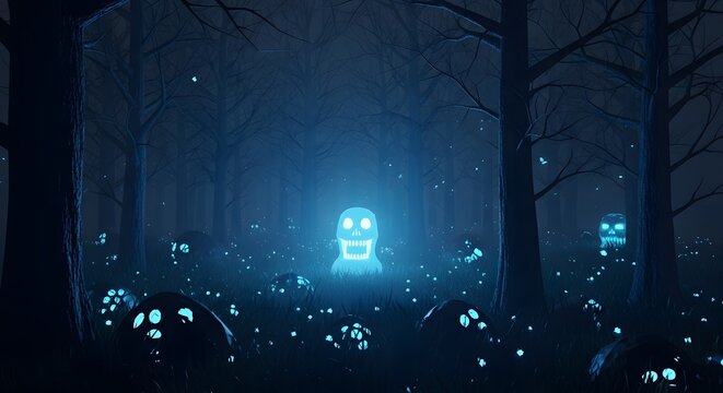Eerie glowing skulls in a dark forest at night, digital art render. - Powered by Adobe