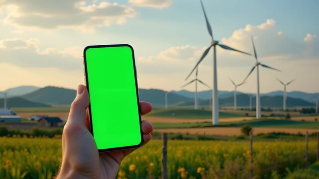 Green Screen Smart Phone in Wind Farm: A hand holds a smart phone with a vibrant green screen, the backdrop revealing a wind farm with tall turbines set against a clear.