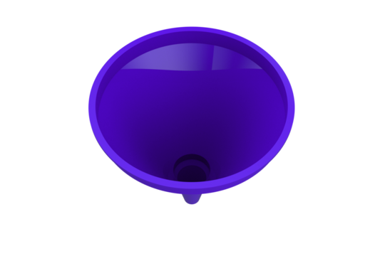 High-resolution 3D render of a vibrant purple plastic funnel, used for pouring liquids or materials. Isolated object featuring strong color and clean design, on a PNG Transparent HD Background.