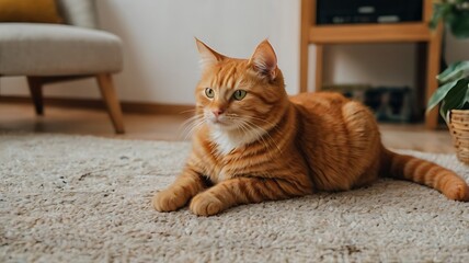 A ginger tabby cat is lying on a carpet in a living room, looking away with a calm and relaxed expression, creating a warm and inviting atmosphere in the house