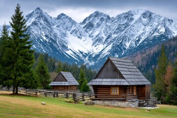 Obraz premium Wooden mountain chalets nestled in a valley under snowy peaks