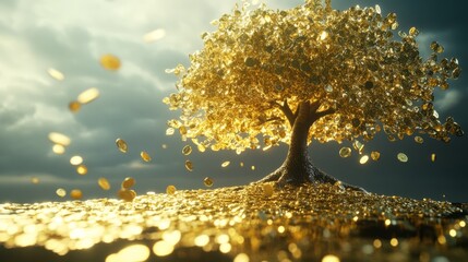 A tree with golden leaves and gold coins lying under it on a black background and a place for text