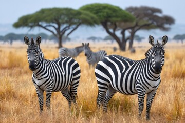 Fototapeta premium Two zebras standing in the african savanna with other zebras grazing in the background