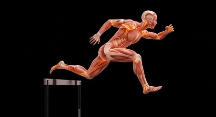 Naklejka premium Anatomical illustration of the human muscular system in a dynamic hurdling pose against a black background.