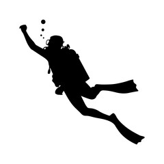 Silhouette of a scuba diver surfacing the water level