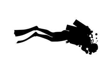 Silhouette of a scuba diver diving deeper into the water