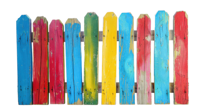 Brightly colored rustic wooden picket fence against a black background.