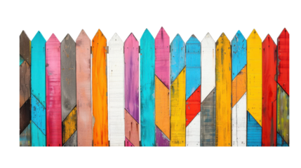 Vibrant painted wooden fence panels featuring modern geometric designs.