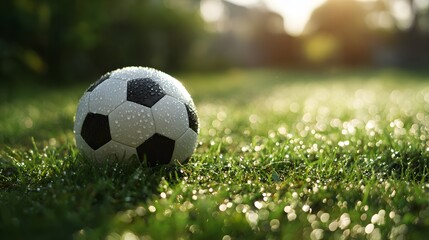 Fototapeta premium Close-up of wet soccer ball on grass field.