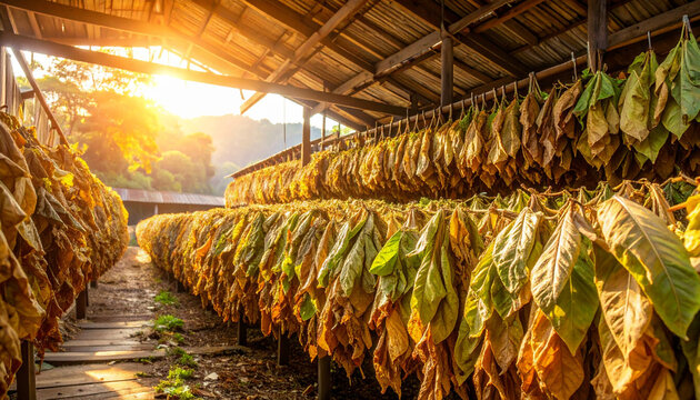 Tobacco leaves drying inside barn with rustic wooden structure under sunlight