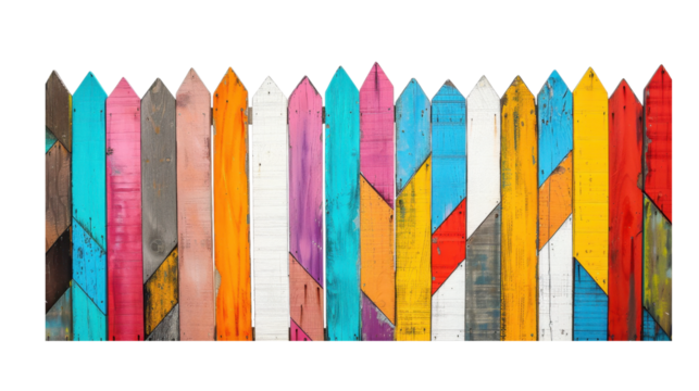 Vibrant painted wooden fence panels featuring modern geometric designs.