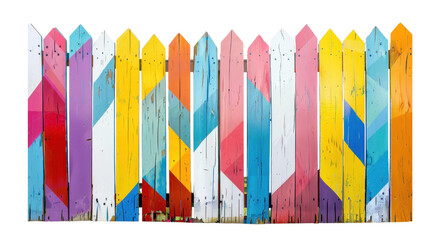 Brightly painted picket fence with a diagonal geometric pattern in many colors.