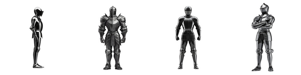 Fototapeta premium Set of Knights in Full Armour, Medieval Era, Isolated on White