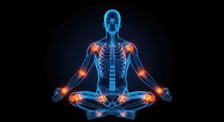 Medical illustration of a human body in a seated position, highlighting joints and skeletal structure.