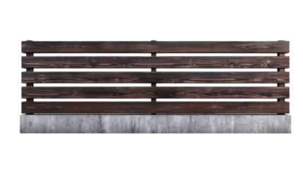 Dark brown horizontal wooden fence with concrete base on black