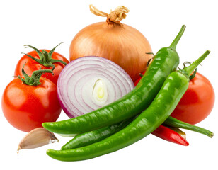 Whole Onion with Red Tomatoes and Green Chili Peppers, isolated on transparent background.