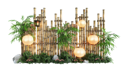Asian Style Decorative Bamboo Fence with Lit Lanterns and Green Plants