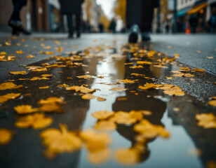 A city street puddle reflects blurry pedestrians; its surface scattered with vibrant yellow autumn leaves on a dreary day.