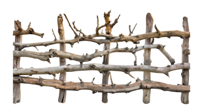 Constructed driftwood fence made from natural branches on a black background.