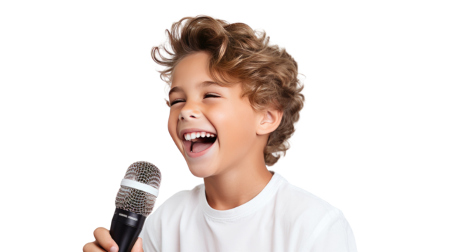 Little girl singing with microphone isolated on white background
