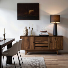 A sophisticated and moody dining room with a mid-century modern wood sideboard, a dramatic table lamp, and dark art, creating a chic and intimate setting.
