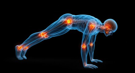 Obraz premium Anatomical illustration of a human male in a plank exercise pose, showing the skeleton with highlighted painful joints.
