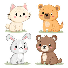 Fototapeta premium Cute Cartoon Animal Clipart Set – Hand-Drawn Baby Animals in Pastel Colors