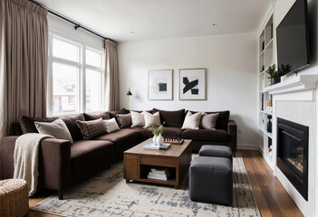 Fototapeta premium A bright and modern living room featuring a large brown sectional sofa, minimalist abstract art, and large windows, creating a chic and inviting atmosphere. 