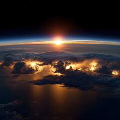 Sunrise over earths atmosphere with glowing clouds from space