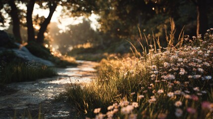 Fototapeta premium Serene Pathway Through a sunlit meadow landscape at dawn with wildflowers