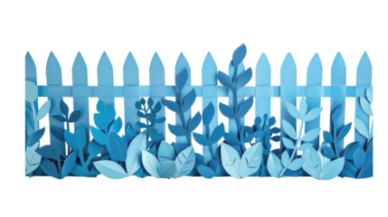 Artistic Paper Cut Blue Picket Fence with Layered Leafy Plants