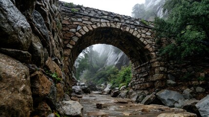Stone arch bridge in rocky mountain landscape