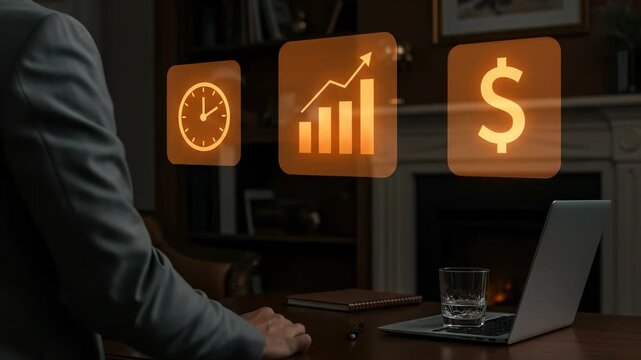 Strategic Financial Growth: Businessman leveraging tech for increased wealth over time, indoors.