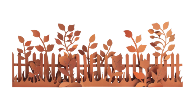 Artistic Paper Cut Fence with Plants and Foliage Craft on Black Background