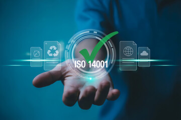 ISO 14001 Environmental Certification Interface Digital Sustainability Standards, Compliance Badge, Eco-Friendly Management System Visualization