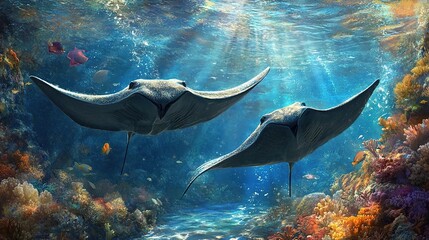 Underwater coral reef scene with stingrays