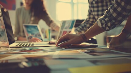 Creative team collaborating on a design project in a vibrant studio space