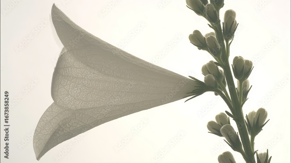 Poster delicate white flower with intricate texture and green stem captured in soft light against a minimal