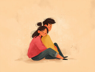 heartwarming cartoon style illustration of two people sitting closely together, sharing moment of comfort and connection. warm colors and gentle expressions evoke sense of intimacy and friendship