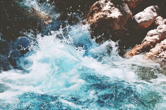 Turquoise water splashes over rocks