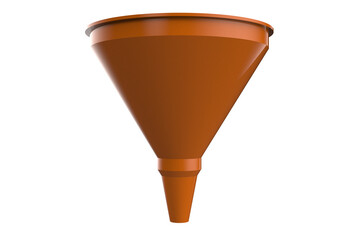 A 3D rendered orange-brown funnel, isolated and ready for use in various liquid or powder transfer applications, presented on a PNG Transparent HD Background. High resolution and clarity.