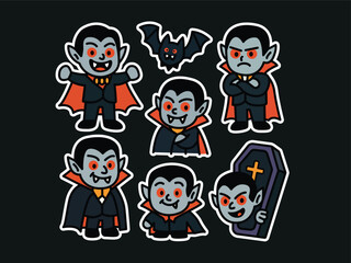 A collection of cartoon vampires and a bat, designed in a flat, illustrative style, with a black background.