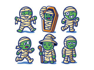 Six cartoon mummies in various poses and expressions, ready for Halloween fun.