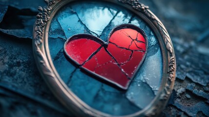 Concept image of broken heart reflected in mirror, lost love.