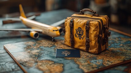 Vintage suitcase, passport, plane, map, travel planning