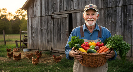 Fototapeta premium Senior Farmer Holding Basket of Fresh Vegetables on Rural Farm